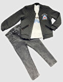 4-5-6 Yaş Kot Pantolonlu Pilot Mont Uzun Kollu Penye Sweat 3lü Erkek Çocuk Takımı Füme