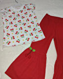 1-2-3-4 Yaş Kiraz Baskılı Tişört İspanyol Paçalı Likralı 2li Kız Çocuk Takımı Kırmızı