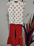 1-2-3-4 Yaş Kiraz Baskılı Tişört İspanyol Paçalı Likralı 2li Kız Çocuk Takımı Kırmızı