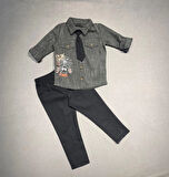 3-4-5 Yaş Kravatlı Keten Gömlek Gabardin Pantolon Uzun Kollu 3lü Erkek Çocuk Takımı Siyah