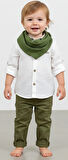 9-12-18-24 Ay Ve 3-4-5 Yaş Fularlı Pamuk Keten Gömlekli Pantolonlu 3lü Erkek Bebek Takımı Yeşil