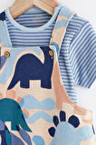 Next Baby % 100 Pamuklu Mavi Dinazor Desenli Salopet Body Zıbın Set