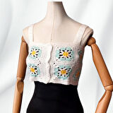 Uretti - Yıldız 7202 4612 El Örgüsü Yazlık Beyaz Kadın Büstiyer / Crop Bluz - 36/38/40 - Turkuaz