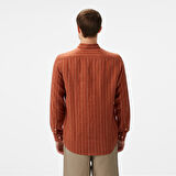 Nautica Erkek Kırmızı Classic Fit Çizgili Keten Gömlek