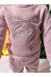 Kız Bebek Peluş Deri Üçlü Takım (Omuzdan ÇıtçıtlıSweatshirt+Deri Detaylı KapşonluYelek+Pantolon)