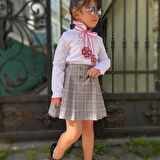 MODAVALS EKOSE KARDEŞ KOMBİN FIRFIR GÖMLEKLİ PAPATYA NAKIŞLI PİLELİ KIZ ÇOCUK ETEKLİ TAKIM - BORDO