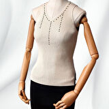 Uretti - Yıldız 7202 9497 V Yaka Boncuk İşlemeli Fildişi Bluz - 38/40