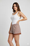 Çizgili Penye Kadın Ev Şortu Bacak Dantel Detaylı Ev Giyim Kahverengi