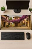 SonicTouch UltraGrand Leylak Çiçekli Taş Evler Xxl Gaming Oyuncu Mor Klavye Mouse Pad 40x90Cm