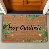 Valerine Life Tropikal Yaprağı ve Beyaz Hatmi Çiçeği Hoş Geldiniz Kapı Önü Paspası 45x70cm