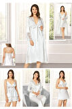 Kadın Siyah Saten Çeyiz Seti 6 Parça Dantelli Sabahlık Gecelik Pijama Şortlu Takım 8640