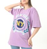 Mor Newyork Baskılı Oversize Tshirt