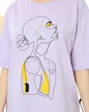 Topuzlu Kadın Baskılı Oversize Tshirt