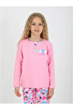 Kız Çocuk Love Me Baklı Uzun Kollu %100 Pamuklu Düğme Detaylı Pijama Takımı  6/9 Yaş