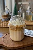 Çizgi Kapaklı Pipetli Bardak Isıya Dayanıklı EggGlass Pinterest Bardak Kahve Sunum Bardağı 430ml