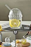 2'li Kübbe Kapaklı Pipetli Bardak Isıya Dayanıklı EggGlass İskandinav Kahve Sunum Bardağı 430ml Set