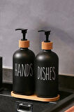 Hands Dishes 2’li Soft Siyah Dekoratif Mutfak Banyo Sıvı Cam Sabunluk Seti 500ml Bambu Stantlı Set