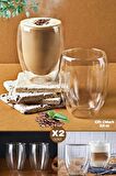 2li Çift Cidarlı Cam Bardak 350 ml Çay Fincanı Kahve Sunum Bardağı Isıya Dayanıklı Kupa Bardak Seti