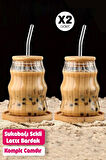 2li Sukabağı Latte Bardak Bambu Kapaklı İskandinav Cam Bardak Kahve Kokteyl Sunum Bardağı 400ml