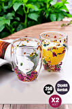 Tilbe Home 2'li Çift Cidarlı Flower Cup 250ml Çiçekli Bardak Kahve Çay Bardağı El Yapımı Cam Bardak Seti