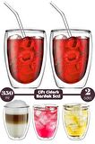2li Çift Cidarlı Cam Bardak 350 ml Pipetli Çay Kahve Sunum Bardağı Isıya Dayanıklı Kupa Bardak Seti