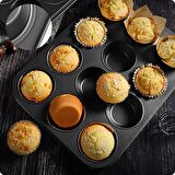 Cupcake Muffin Kalıbı Kek Yanmaz Yapışmaz 12’li Fırın Çörek Tepsisi Teflon Paslanmaz Karbon Siyah