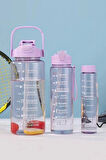 3'lü Motivasyonel Su Matarası Tritan Sporcu Su Şişesi Suluk Stickerlı Pipetli Suluk 2000+900+500ml