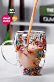 Çift Cidarlı Flower Cup 350ml Çiçekli Bardak Kahve Çay Bardağı El Yapımı Kulplu Cam Bardak