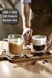 2'li Çift Cidarlı Bardak Seti 350+450 ml Isıya Dayanıklı Espresso Sunum Bardağı Kulplu Kahve Kupası