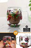 2'li Isıya Dayanıklı Borosilikat Çift Çidarlı Flower Cup Çiçekli Bardak Kulplu Kahve Sunum Bardağı