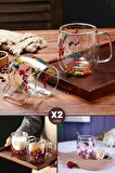 2li Çiçekli Çift Cidarlı Kulplu Bardak Handmade Flower Cup Kahve Sunum Meşrubat Bardağı 250ml Seti