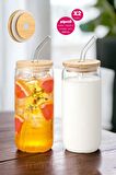 2li Bambu Kapaklı Pipetli Isıya Dayanıklı Cam Bardak 550 ml Kola Kutu Şekilli Kahve Sunum Bardağı