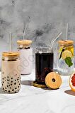 4lü Bambu Kapaklı Pipetli Cam Bardak Isıya Dayanıklı Borosilikat Kola Şekilli Kahve Sunum Bardağı