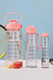 3'lü Motivasyonel Sporcu Su Şişesi Tritan Suluk Su Matarası Pipetli Stickerlı Suluk 2000+900+500ml