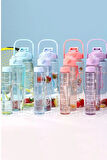 3'lü Motivasyonel Sporcu Su Şişesi Tritan Suluk Su Matarası Pipetli Stickerlı Suluk 2000+900+500ml