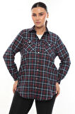 Büyük Beden Ekose Desenli Simli Rahat Kalıp Kadın Gömlek