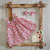 Kız Bebek Kiraz Baskılı Elbise Meyveli Bandana Ve Dizaltı Kirazlı Çorap 3'lü Takım