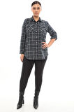 Büyük Beden Ekose Desenli Simli Rahat Kalıp Kadın Gömlek
