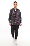 Büyük Beden Ekose Desenli Simli Rahat Kalıp Kadın Gömlek