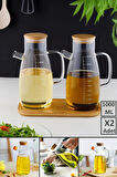 2li Bambu Kapaklı Yağdanlık 1000 ml Borosilikat Cam Yağlık Sirkelik Şişesi Master Vakumlu Sosluk