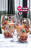2li Çift Cidarlı Flower Cup 350ml Çiçekli Bardak Kahve Çay Bardağı El Yapımı Kulplu Cam Bardak Set