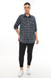 Büyük Beden Ekose Desenli Simli Rahat Kalıp Kadın Gömlek