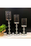 Kristal Taşlı Ayaklı Metal Şamdan Mumluk Kaliteli 3'lü Set --6010