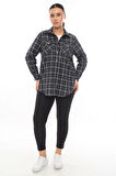 Büyük Beden Ekose Desenli Simli Rahat Kalıp Kadın Gömlek