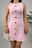Bella Rose Kadın Pembe Düğmeli Mini Elbise – Zarif Davet ve Günlük Şıklık