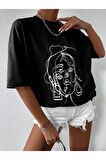 Unisex Siyah Yüz Baskılı Oversize Tshirt