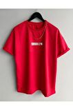 Erkek Kırmızı Brooklyn Baskılı Oversize Bisiklet Yaka Kısa Kollu Tshirt