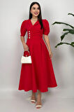 Bellagio Kadın Kırmızı Ceket Yaka Balon Kollu Düğme Detaylı Atlas Elbise