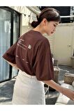 Kadın Kahverengi Life Sırt Baskılı Oversize Bisiklet Yaka T-shirt