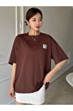 Kadın Kahverengi Life Sırt Baskılı Oversize Bisiklet Yaka T-shirt